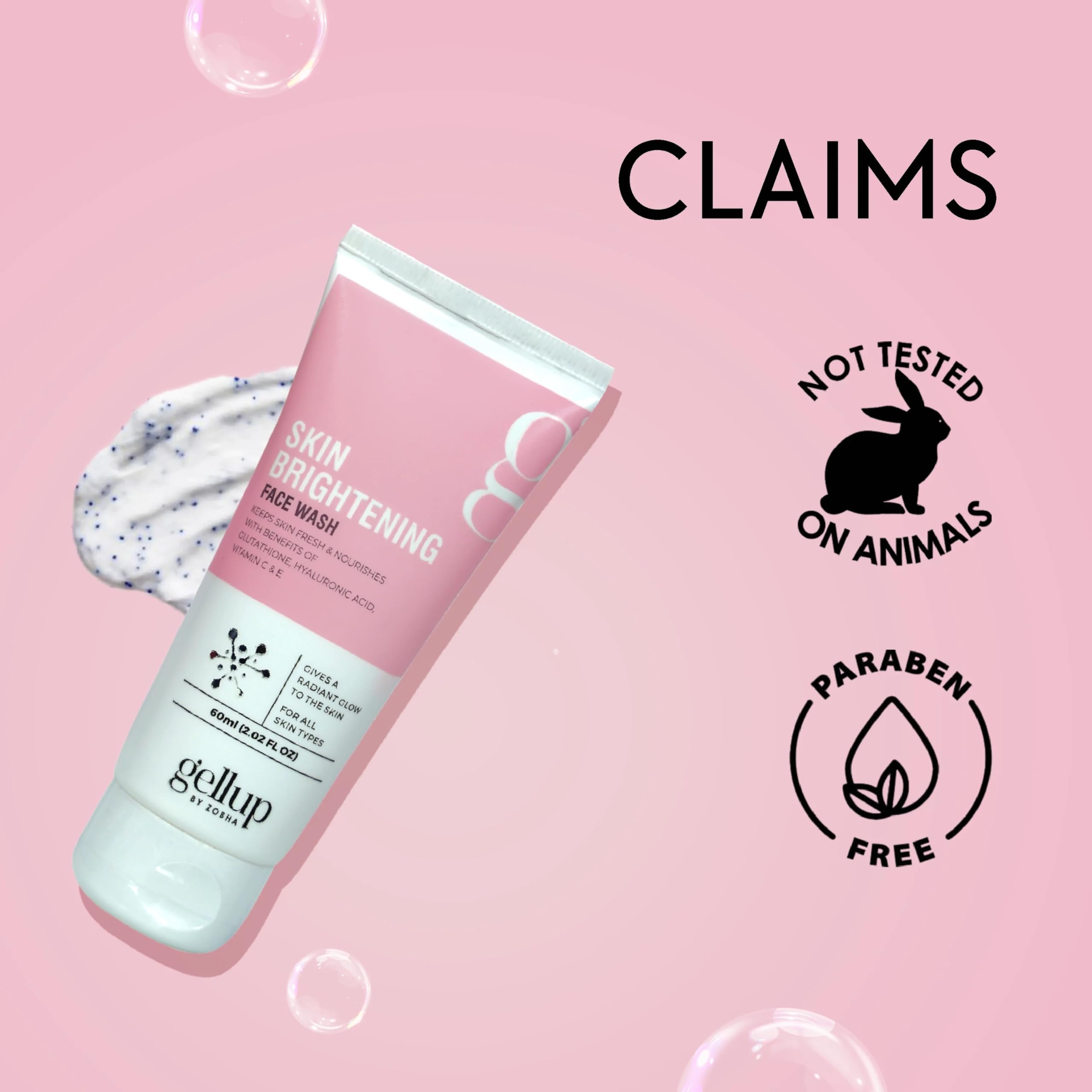 Zobha Glutathione Skin Brightening Face Wash with Hyaluronic Acid, Vitamin C & E - Gentle Cleanser for All Skin Types (60ml) | Daily Brightening & Hydrating Facial Cleanser for Glowing Skin
