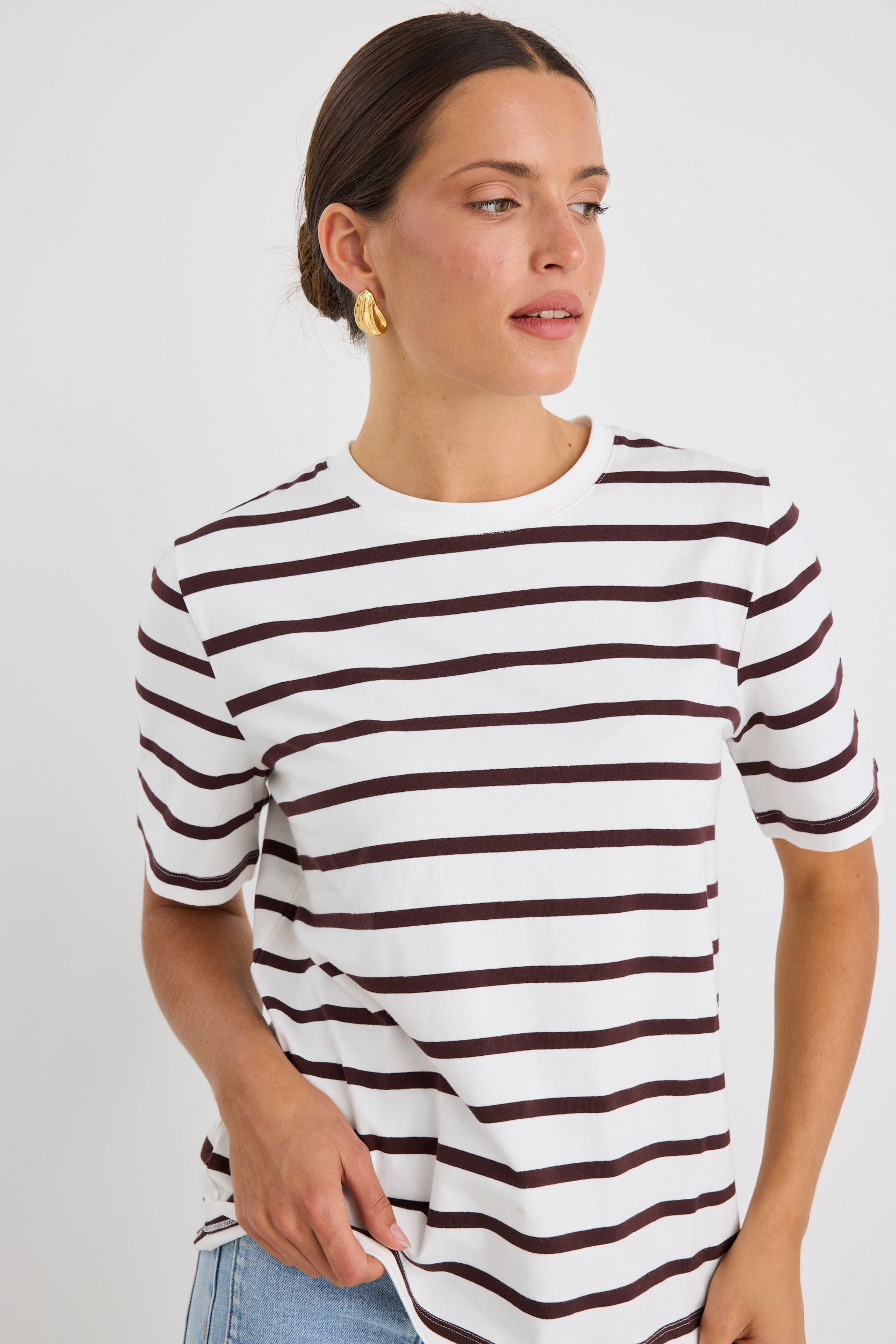 White Stripe Boxy Fit Tee - Soft Cotton Women's T-Shirt for Casual Wear & Street Style | Chocolate Binding Detail