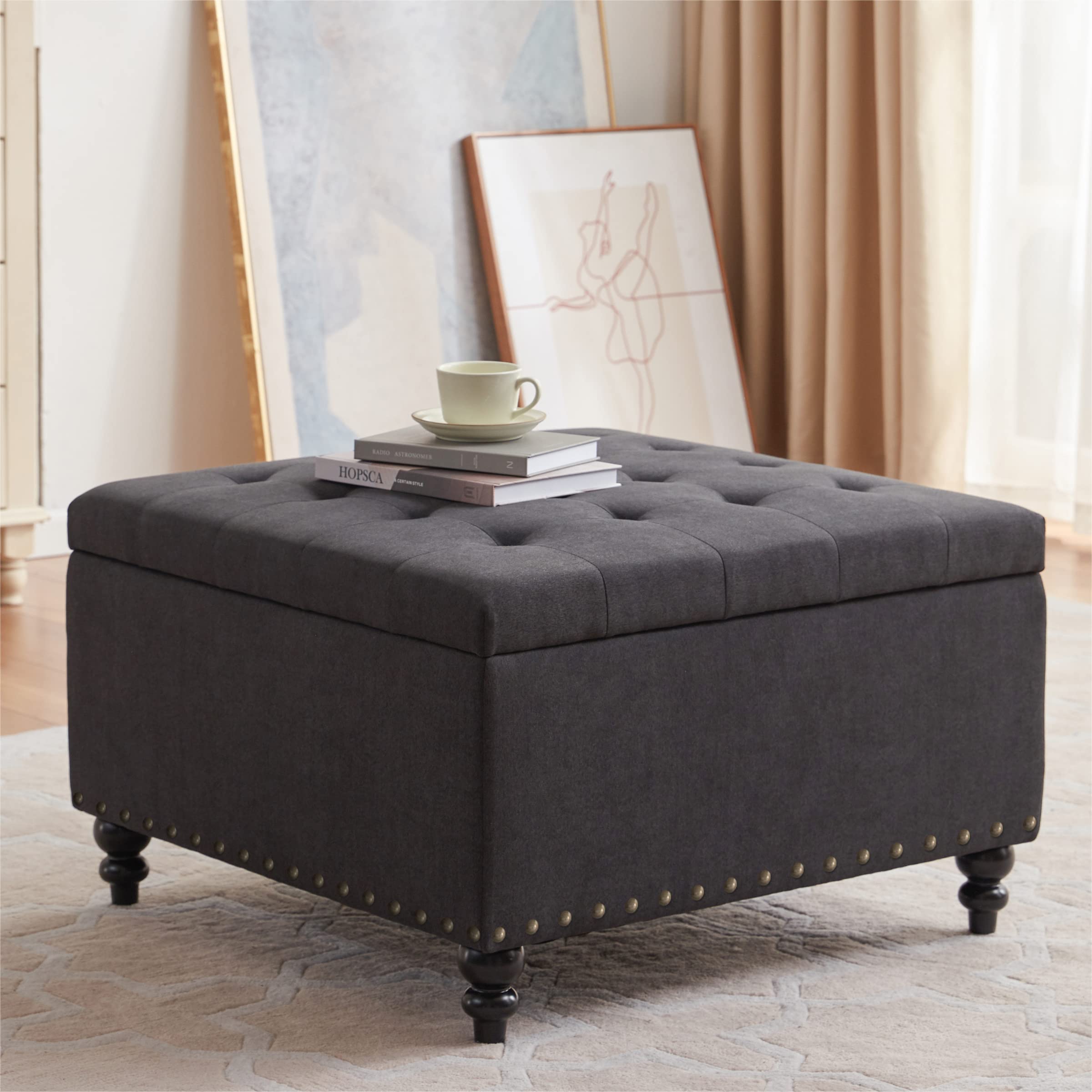 HUIMO Square Storage Ottoman - Dark Grey Tufted Ottoman Coffee Table with Storage, Oversized Living Room Ottoman for Extra Seating & Storage | Perfect for Small Spaces, Home Decor & Cozy Living Rooms