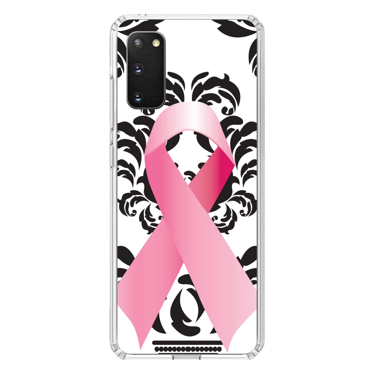 **DistinctInk Clear Shockproof Hybrid Case for Samsung Galaxy S20+ Plus/5G (6.7 Inch) – Durable TPU Bumper & Acrylic Back with Tempered Glass Screen Protector – Black Damask Pink Ribbon Breast Cancer Awareness – Perfect for Daily Use, Workouts & Travel**
