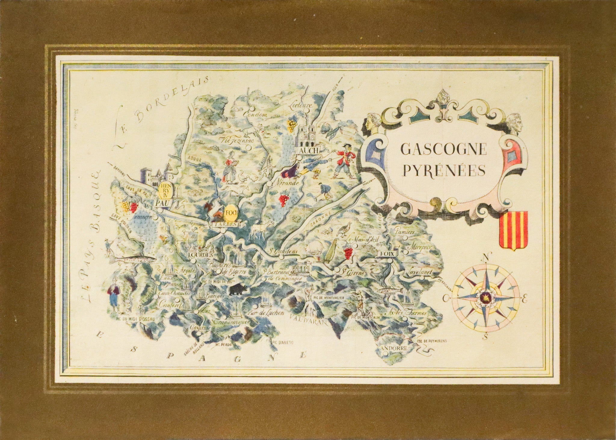 Vintage 1960s French Mini Map of Gascogne Pyrenees - Antique Wall Decor for Home, Office & Travel Inspiration