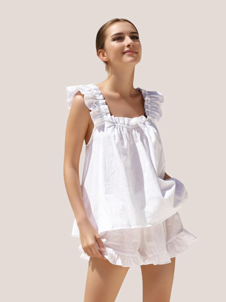 Women's Summer Pajama Set - 2 Piece Cotton Loungewear with Ruffle Trim Top & Shorts - Soft Sleepwear for Nighttime & Relaxing at Home
