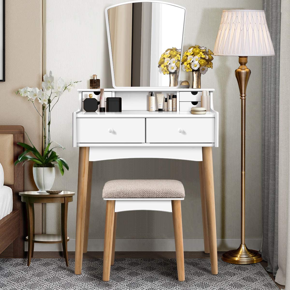 CHARMAID 6-Drawer Makeup Vanity Set with Cushioned Stool & Unique Mirror - Modern Dressing Table for Bedroom & Bathroom - Elegant Vanity Desk for Women & Girls - Perfect for Makeup Organization & Beauty Routine