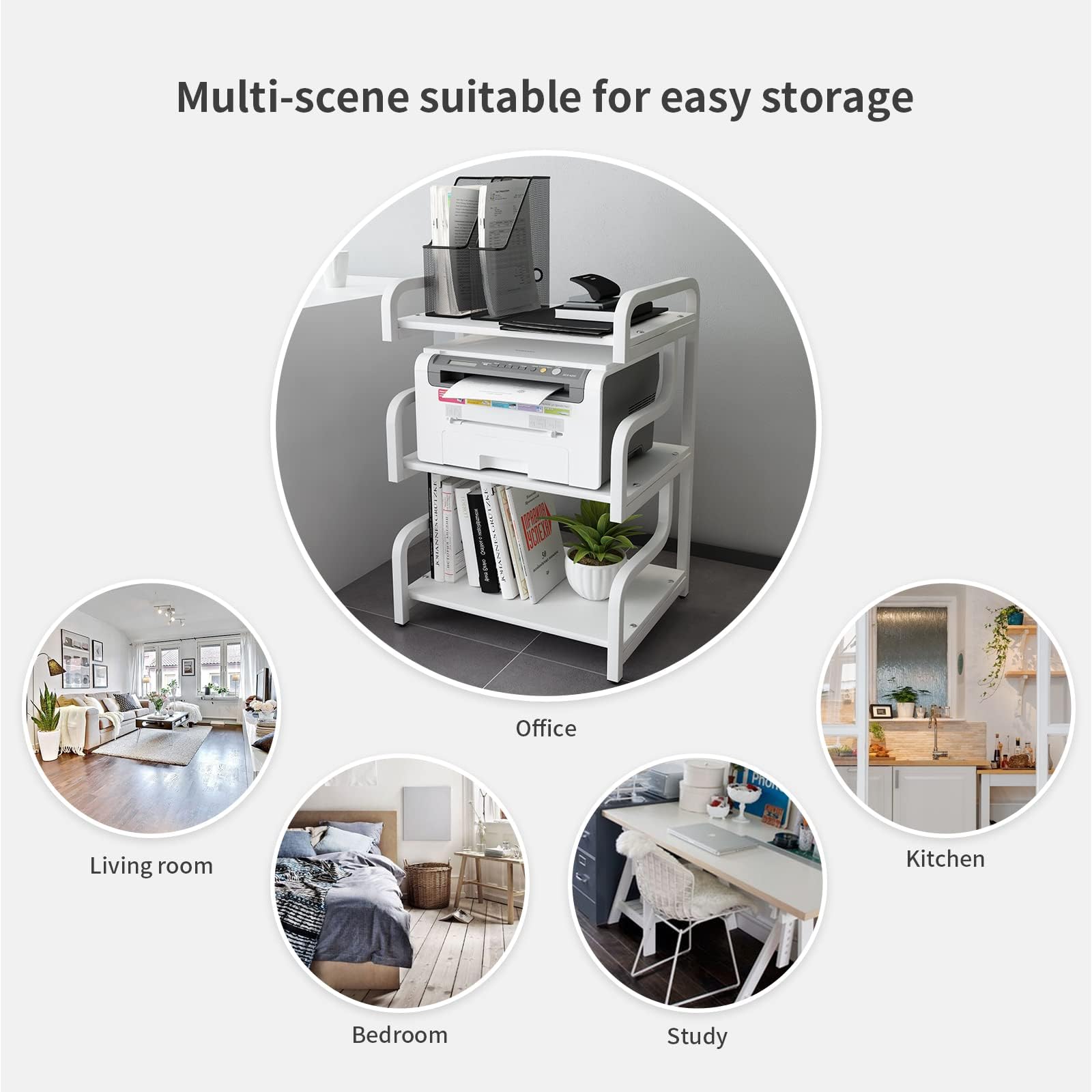 3-Tier Rolling Printer Stand with Wheels - Mobile Storage Cart for Home Office, Living Room & Kitchen - Organize Printer, Scanner, Books, Microwave & More - White Multi-Purpose Shelf Rack
