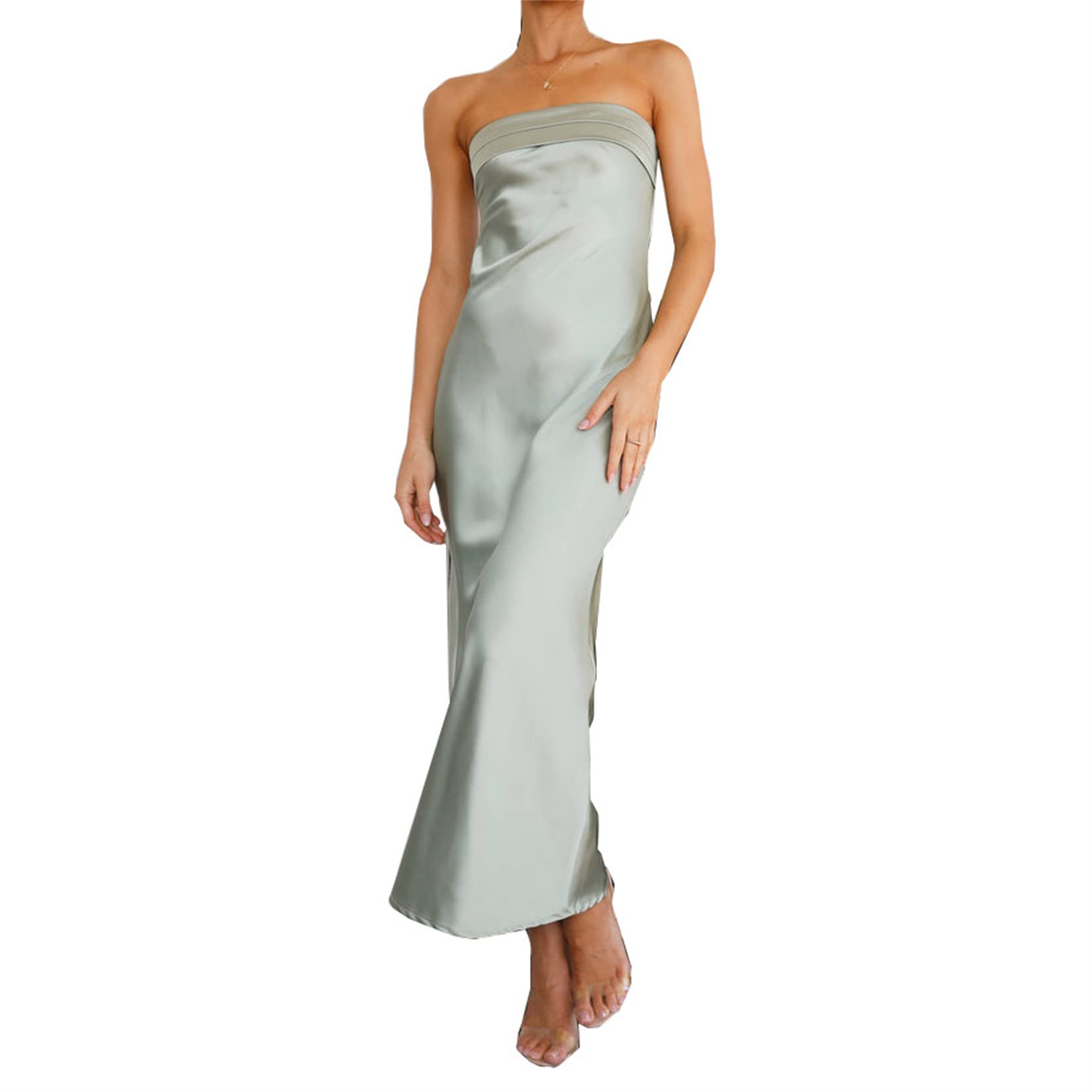 iTranyee Women's Sexy Satin Off Shoulder Midi Dress - Elegant Strapless Cowl Neck Tube Dress for Cocktail Party, Evening Gown, Formal Occasions & Special Events