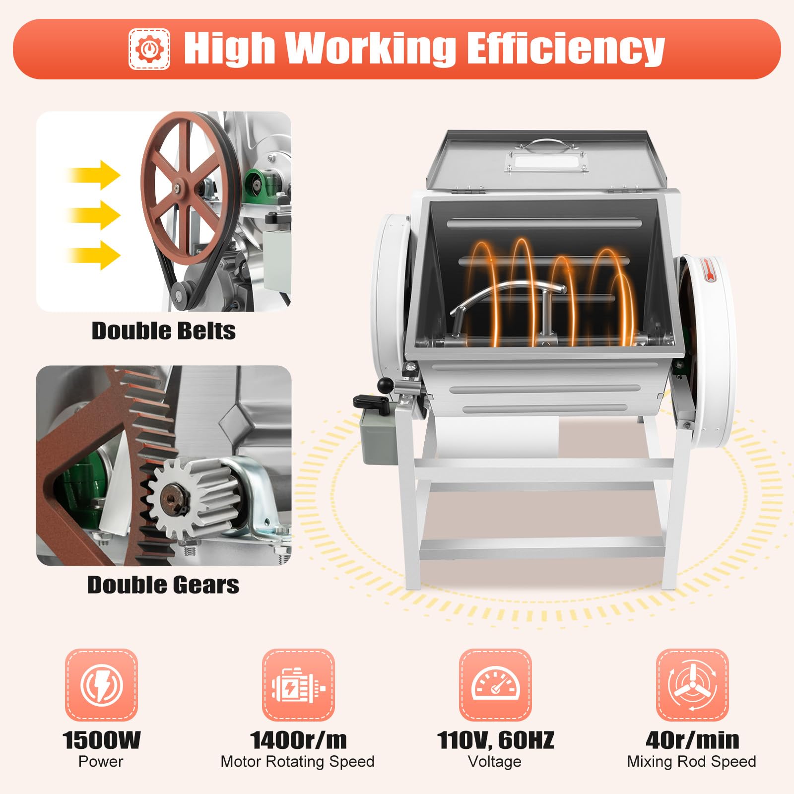30QT Commercial Electric Dough Mixer - 1.5KW 110V Heavy Duty Kneading Machine with 90° Tilt & 2-Speed (1400 RPM) - Perfect for Bakeries, Pizza Shops, and Commercial Kitchens