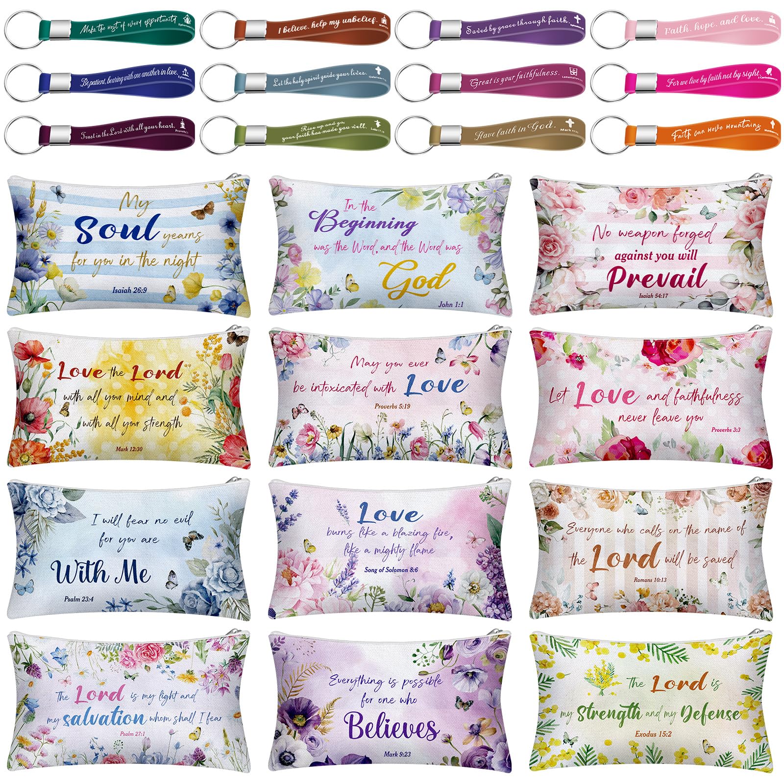 12 Pcs Inspirational Makeup Bags with Keychains - Christian Gifts for Women & Employees (Bible Verse) - Perfect for Travel & Daily Use