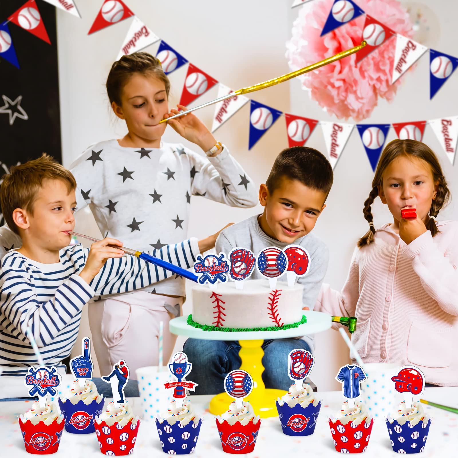 48Pcs Baseball Cupcake Toppers & Wrappers - Baseball Party Decorations for Boys Birthday, Sports Theme Parties - Perfect for Baseball Birthday Cakes, Baby Showers & Game Day Celebrations