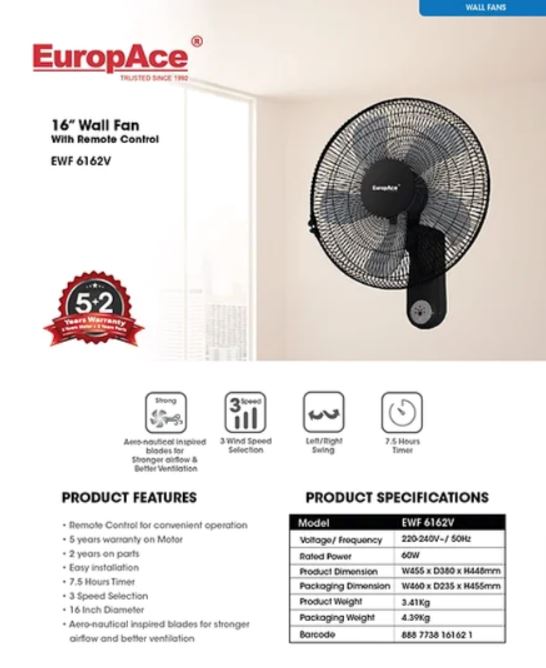Europace EWF6162V 16 Inch Wall Mount Fan with Remote Control - Quiet Cooling for Bedroom, Living Room & Office