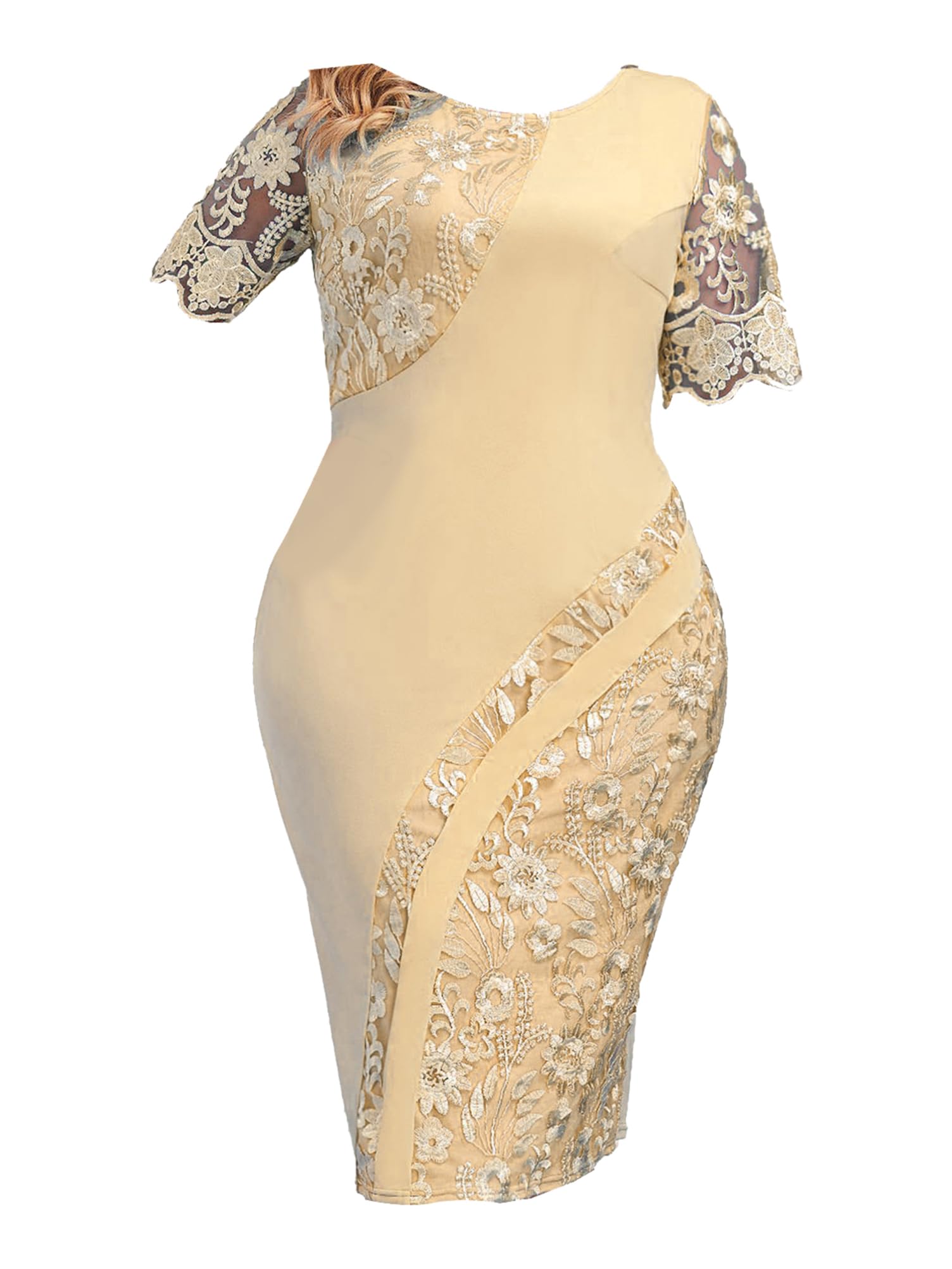 Elegant Women's Short Sleeve Lace Embroidery Bodycon Cocktail Party Midi Dress - Plus Size Mother of The Bride Dress for Wedding, Evening Gala & Special Occasions