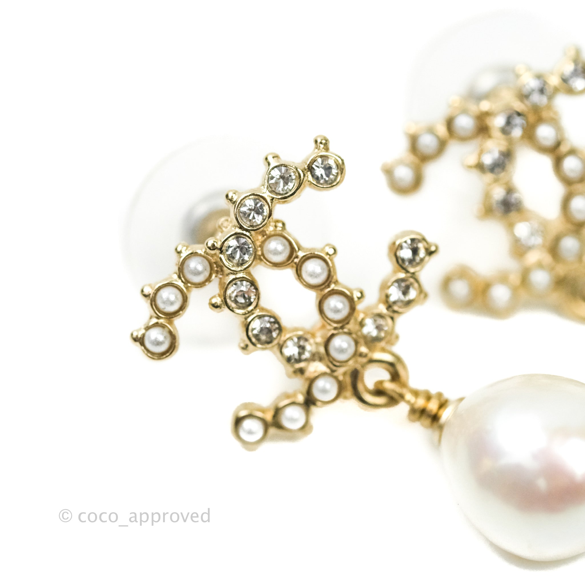 Chanel CC Pearl Drop Earrings with Crystal Accents in Gold Tone - Elegant Jewelry for Women | Perfect for Parties, Weddings & Special Occasions