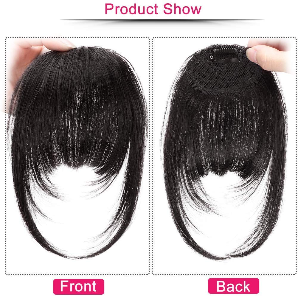 PINDIA 9 Inch Clip In Bangs Hair Extensions for Women & Girls - Natural Black Human Hair Fringe - Perfect for Daily Wear, Cosplay & Costume Parties