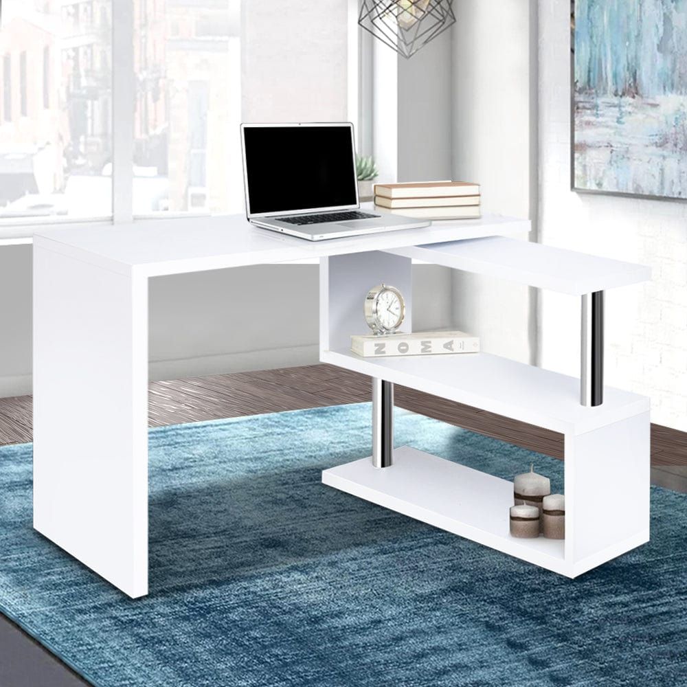 Modern White Rotary Corner Desk with Bookshelf - Space-Saving Home Office Furniture for Small Rooms & Apartments