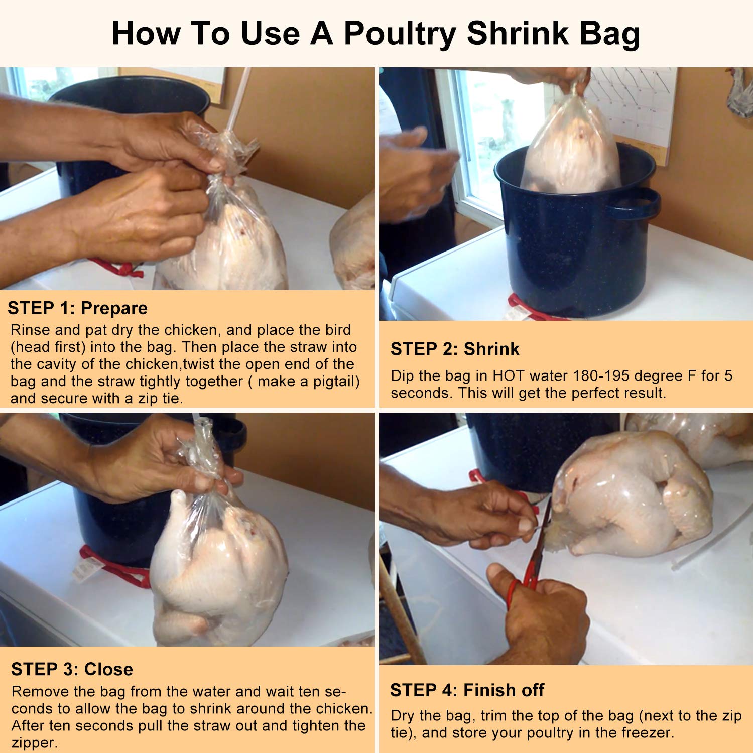 100 Pack 10x16 Inches Clear Poultry Heat Shrink Bags with Zip Ties - Freezer Safe Chicken & Rabbit Vacuum Sealer Bags for Food Storage, Hunting Game, Farm Meat Preservation
