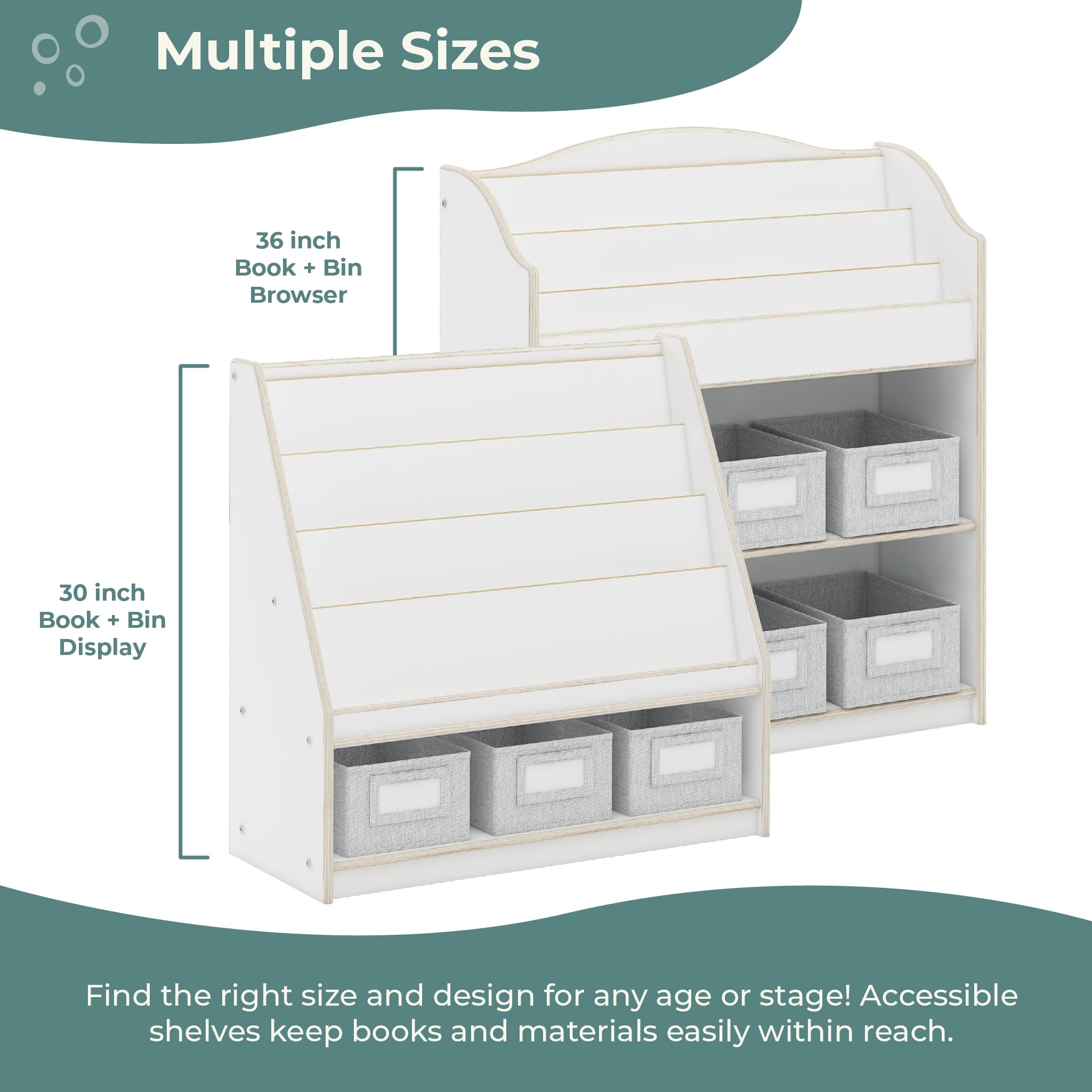 Guidecraft EdQ Book and Bin Display White with 3 Storage Bins - Wooden Kids Bookcase & Toy Storage Organizer for Homeschool, Classroom & Playroom - Sturdy Bookshelf Furniture for Children's Books, Toys & Learning Supplies