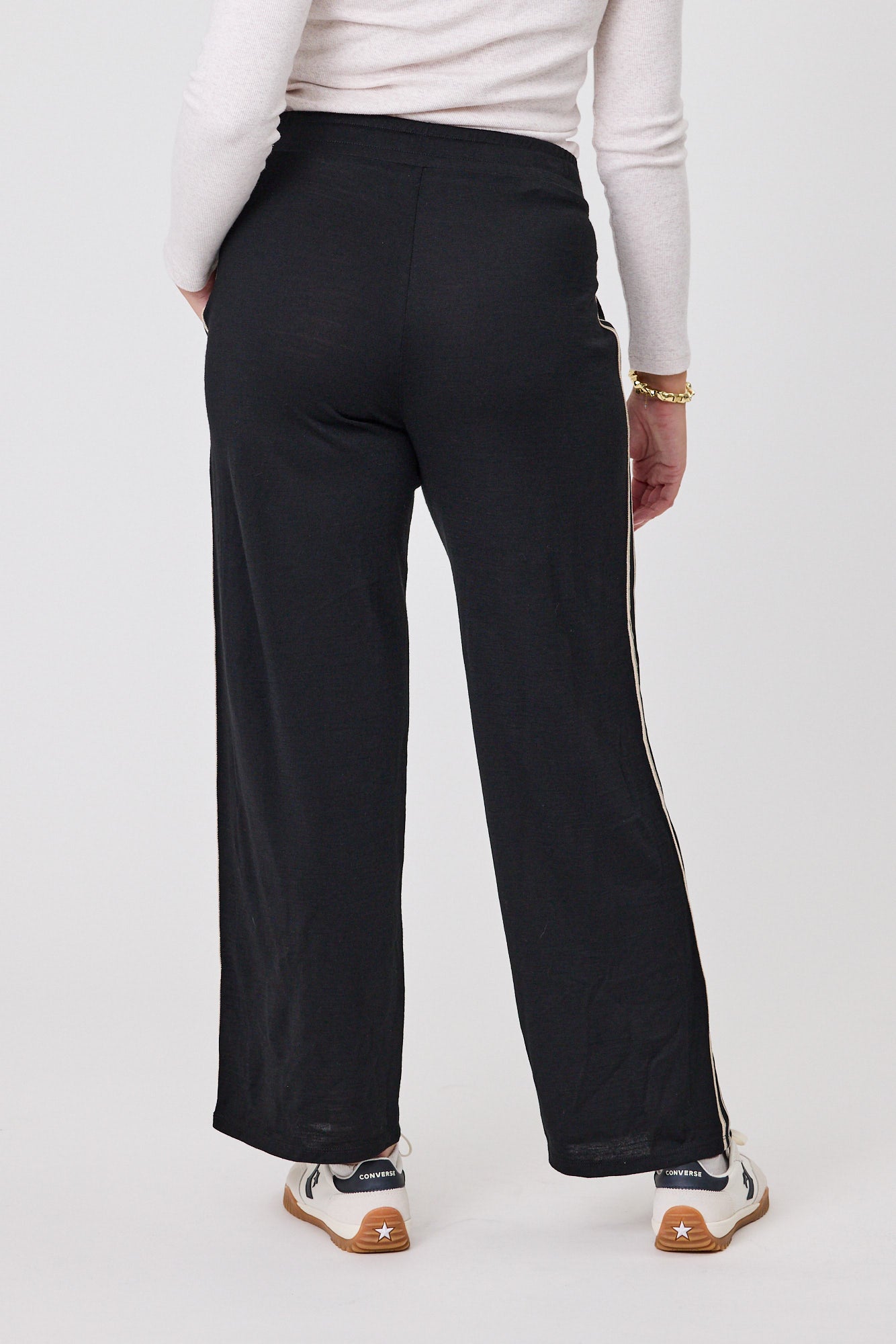 Alpine by Shine On Vancouver Stripe Detail Merino Wool Wide Leg Pants for Women - Black | Comfortable Winter Lounge Pants for Home & Office Wear