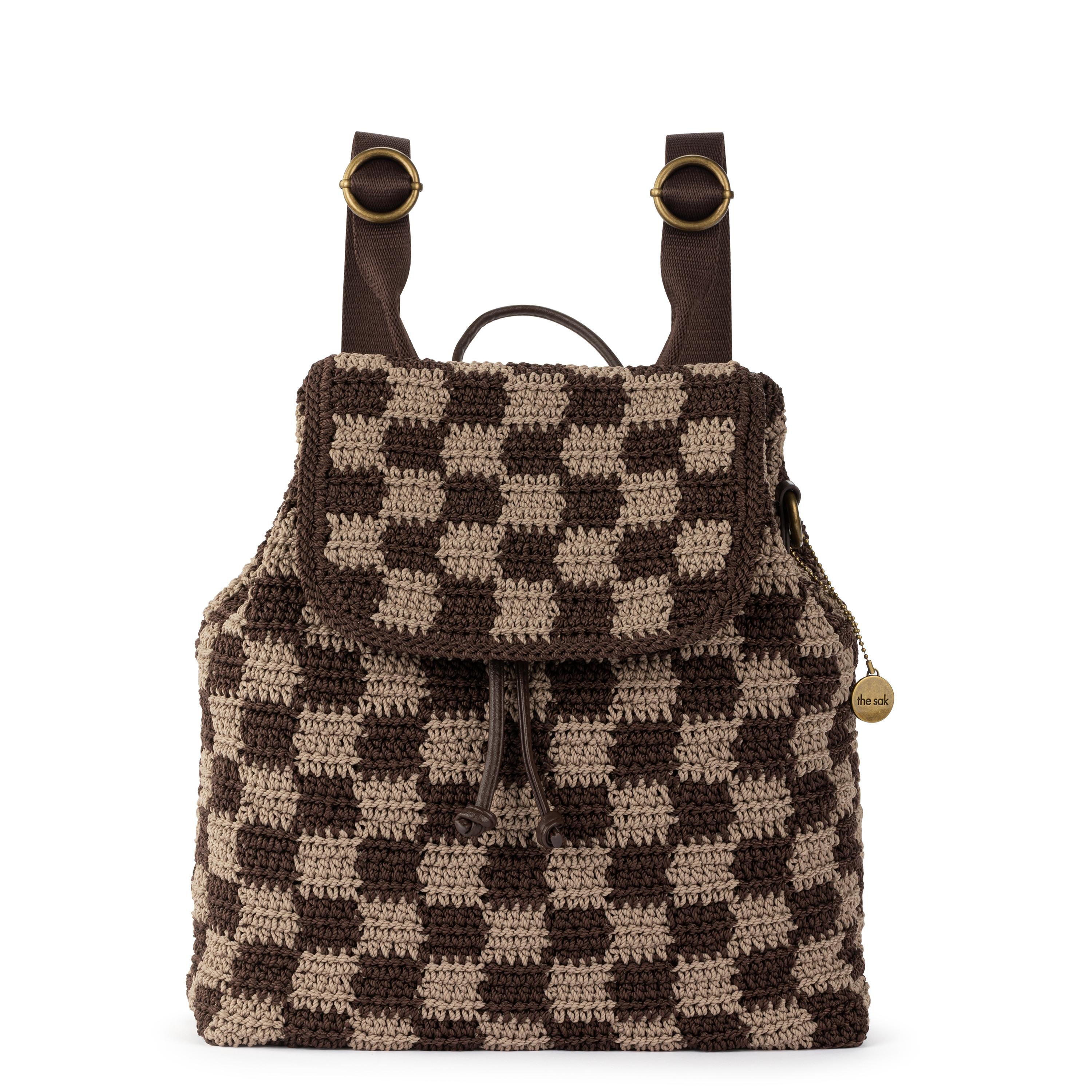 Handmade Crochet Sayulita Backpack - Brown Checkered Bohemian Style Bag for Beach, Travel & Festival Use