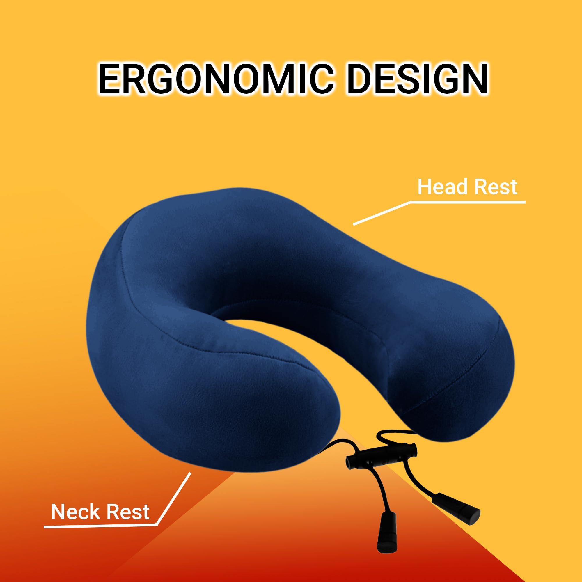 Billebon Super Soft Fiber Filled Travel Neck Pillow with Premium Eye Mask - Ergonomic Support for Airplane, Car & Office Use - 5 Year Warranty (Navy Blue)