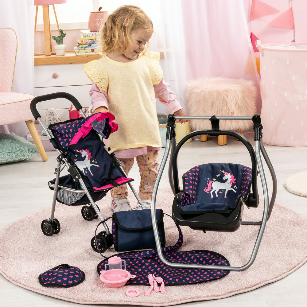 Bayer Design Dolls: 11 Piece Stroller Accessory Set - Navy, Pink, Hearts & Unicorn Patterns | Perfect for Baby Doll Carriage & Stroller Playtime