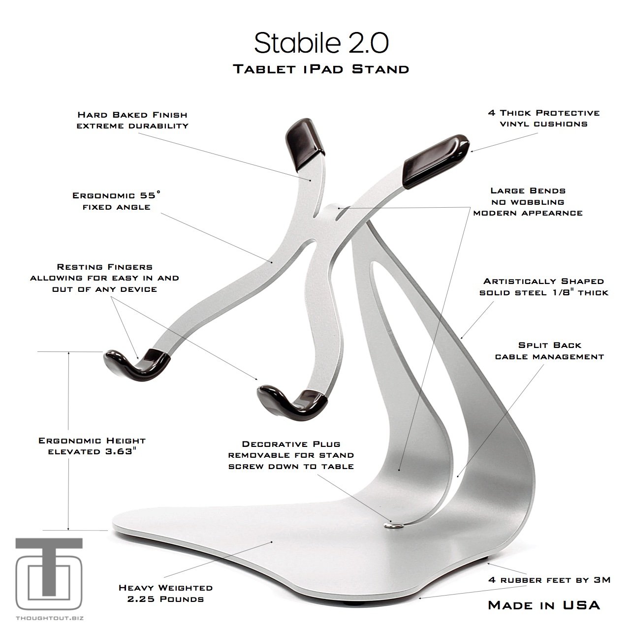 Thought Out Stabile 2.0 Steel Stand Silver - Premium iPad Stand Made in USA - Durable Metal Tablet Holder for Apple iPad Pro/Air/Mini - Perfect for Home Office, Desk Work & Video Calls