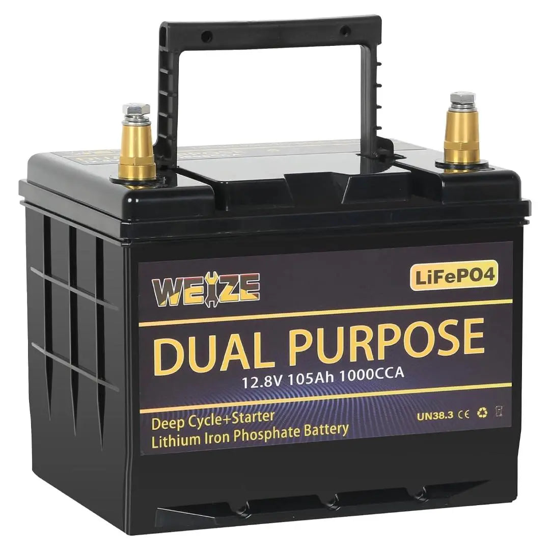 WEIZE 12V 105AH LiFePO4 Lithium Battery - Dual Purpose Starter & Deep Cycle Battery for Marine, RV, Solar - Perfect for Boats, Campers, Off-Grid Power & Backup Systems