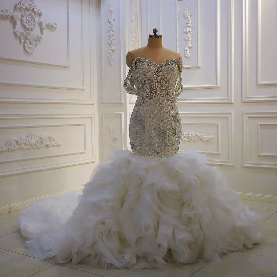 AM1159 Off Shoulder Crystal Ruffle Mermaid Wedding Dress – Elegant Bridal Gown for Beach, Church, and Formal Weddings