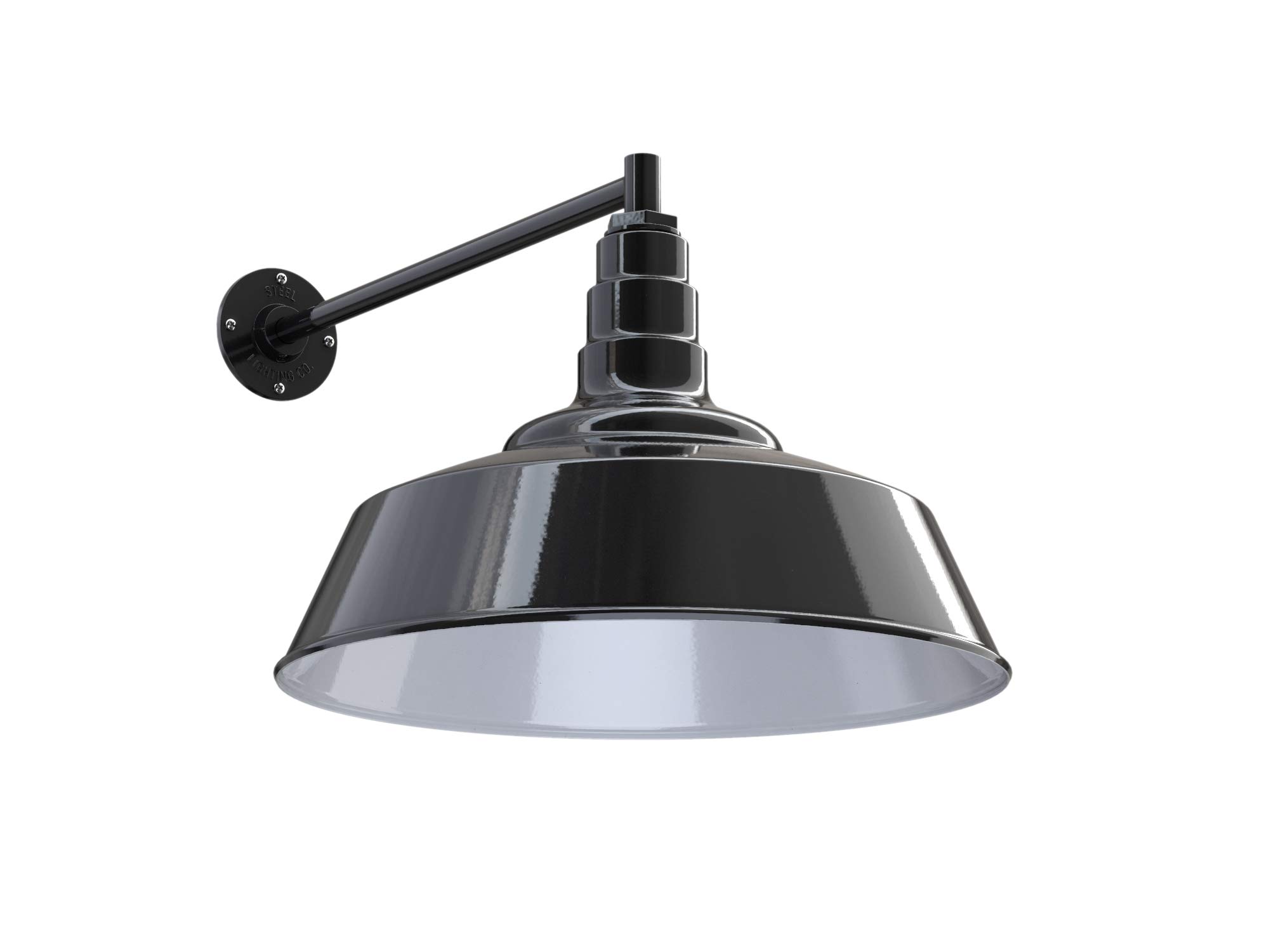 Steel Lighting Co. Redondo Barn Light - 20 Inch Outdoor Wall Mounted Farmhouse Light with Dome & Straight Arm | Dusk to Dawn Sensor | Black Exterior/White Interior | Made in USA | Perfect for Porch, Garage & Warehouse Lighting