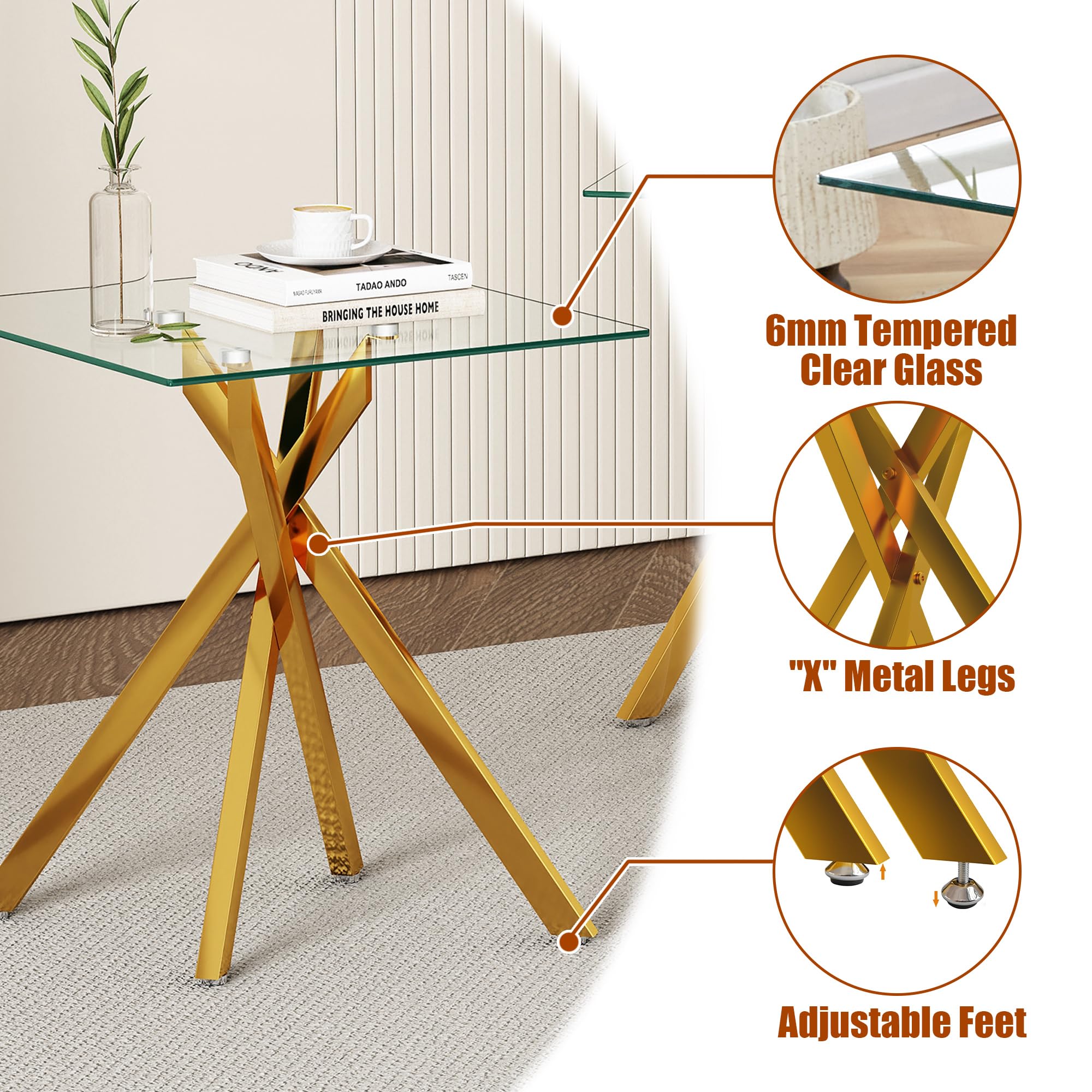 Modern 2-Piece Glass Coffee Table Set with Tempered Glass Top & Gold Metal Legs - Living Room & Home Office Furniture - Perfect for Small Spaces, Sofa Sets & Lounge Areas