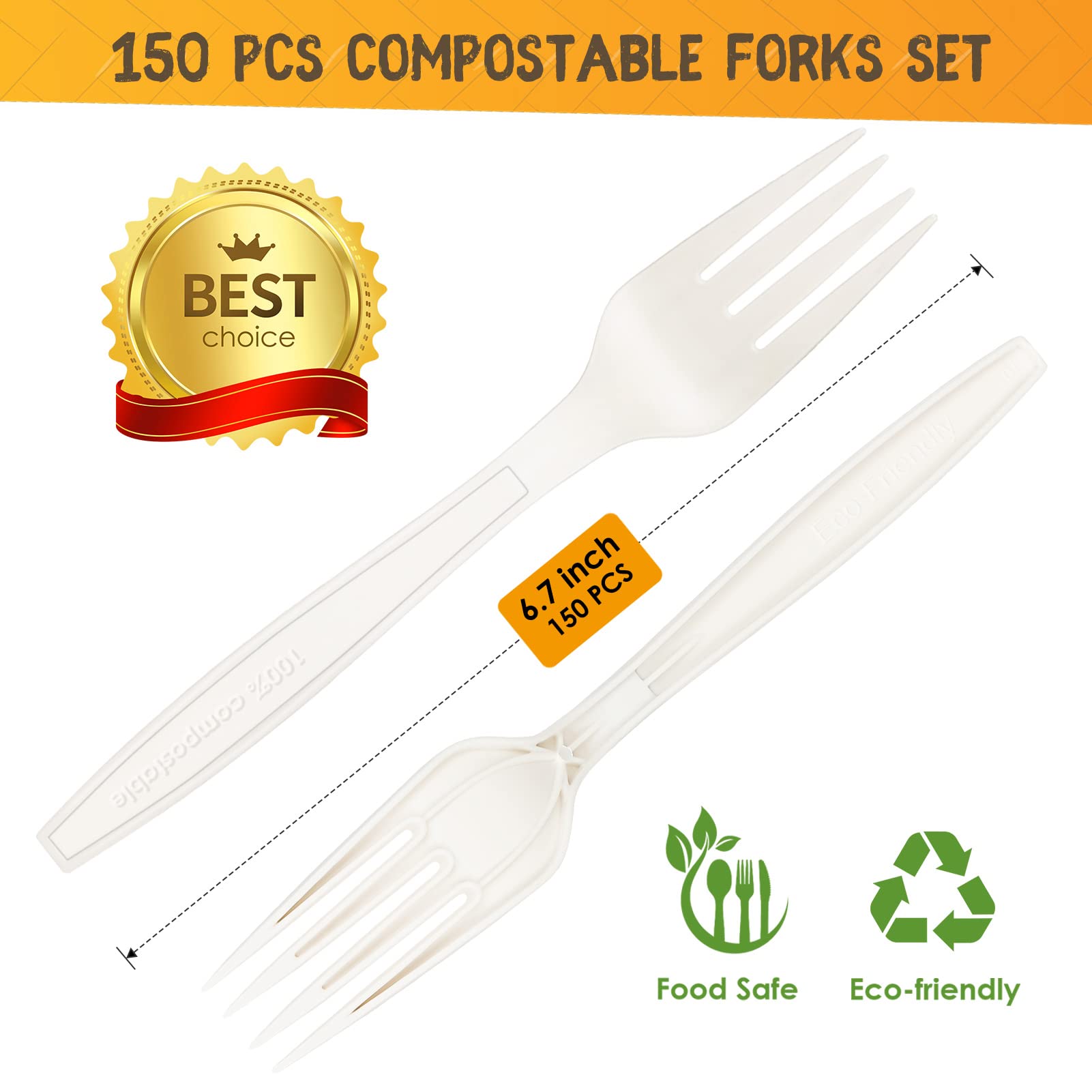 Eco-Friendly Compostable Forks 150 Count - 7 Inch Heavy-Duty Disposable Cutlery Set | Biodegradable Utensils for Parties, Picnics & Outdoor Events