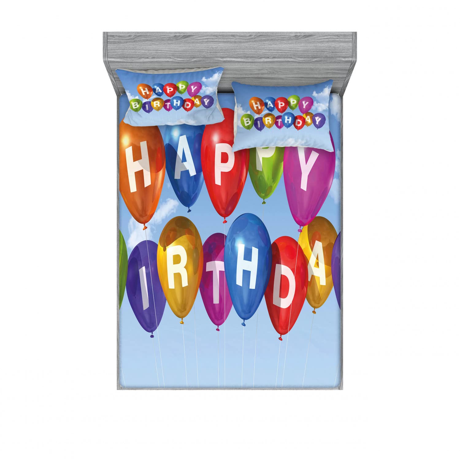 Ambesonne 2-Piece Queen Size Fitted Sheet & Pillow Sham Set - Balloon Letter Sky Design, 4-Piece Bedding Decor (2 Fitted Sheets + 4 Pillow Covers) - Vibrant Multicolor Birthday Theme - Perfect for Bedroom Decor, Party Decorations & Gift Ideas