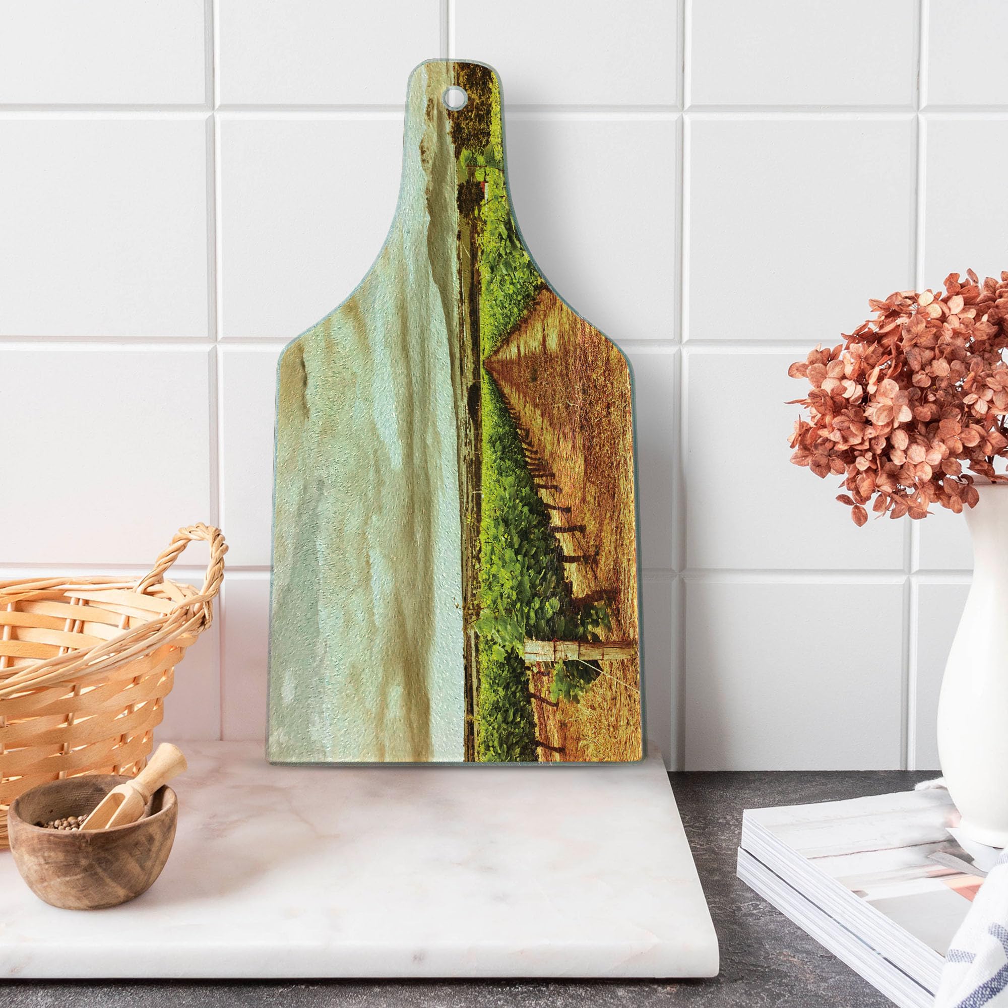 Ambesonne Country Grape Vineyard Digital Print Tempered Glass Cutting Board - Wine Bottle Shape, Burnt Orange Green Off White - Perfect for Cheese Serving, Charcuterie Display & Kitchen Decor