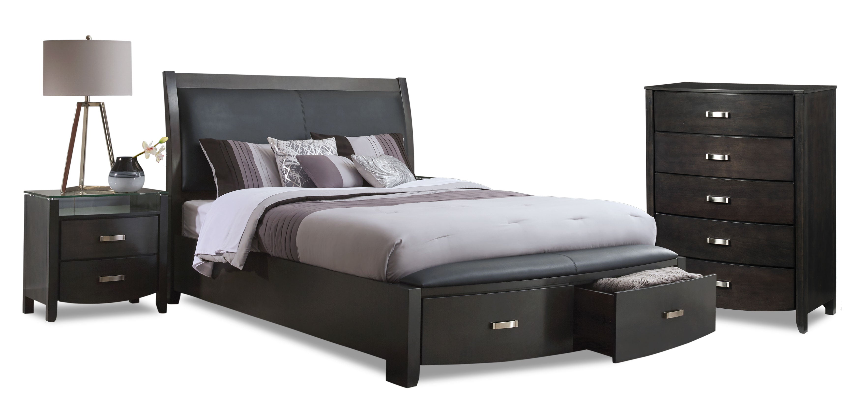 5-Piece Queen Size Bedroom Set with Storage - Charcoal Finish | Modern Bed Frame, Nightstands & Dresser | Perfect for Small Spaces & Master Bedrooms
