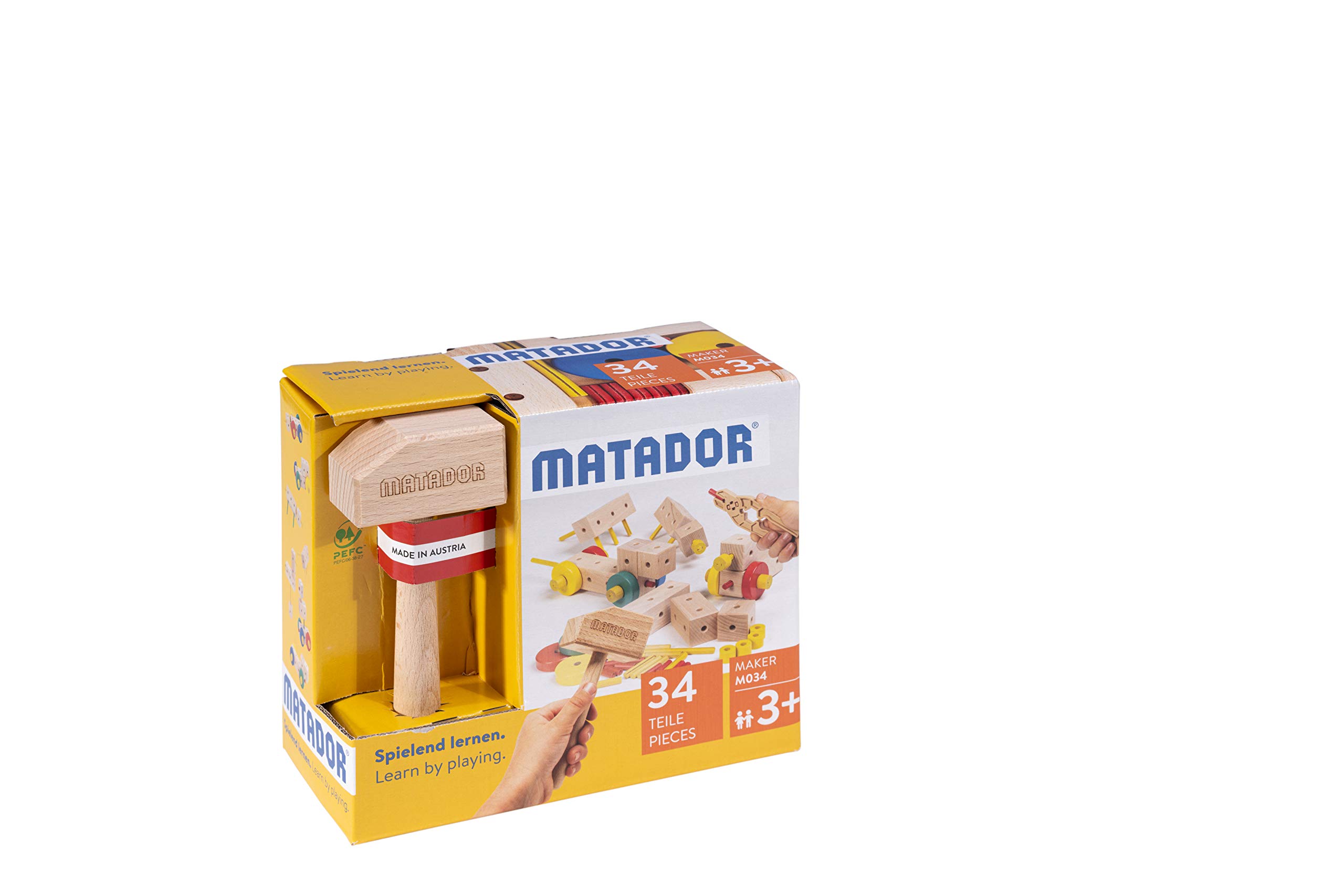 Matador M034 Wooden Building Blocks Set - PEFC Certified Austrian-Made, 44-Piece Multicolor Construction Kit for Kids | STEM Learning, Creative Play & Educational Toys