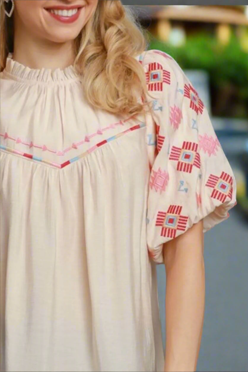 Elegant Full Size Embroidered Puff Sleeve Cream Blouse for Women | Perfect for Office Wear, Date Nights & Special Occasions