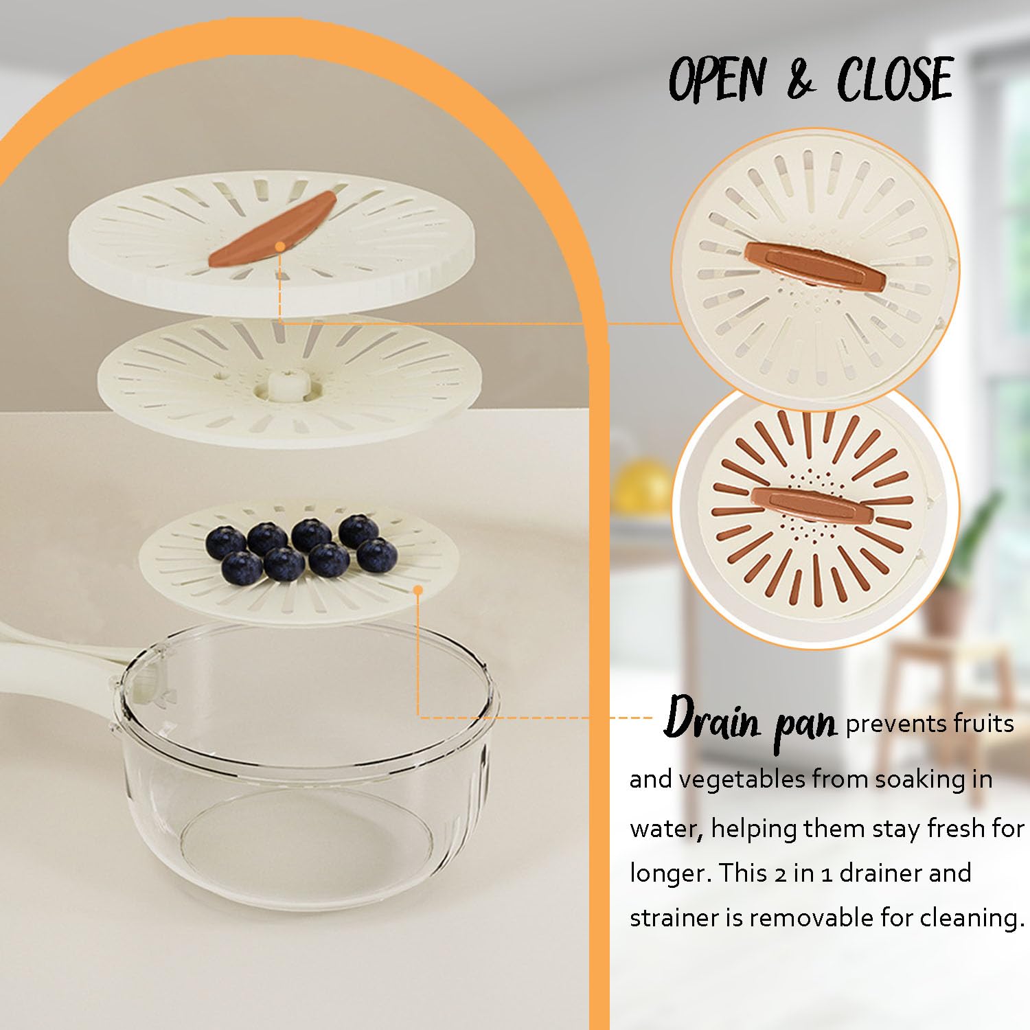 **2-in-1 Multifunctional Fruit & Vegetable Washing Bowl with Lid, Drainer & Strainer, Foldable Handle, Portable Kitchen Basin for Fresh Produce – Ideal for Home, Camping & Travel (Brown)**