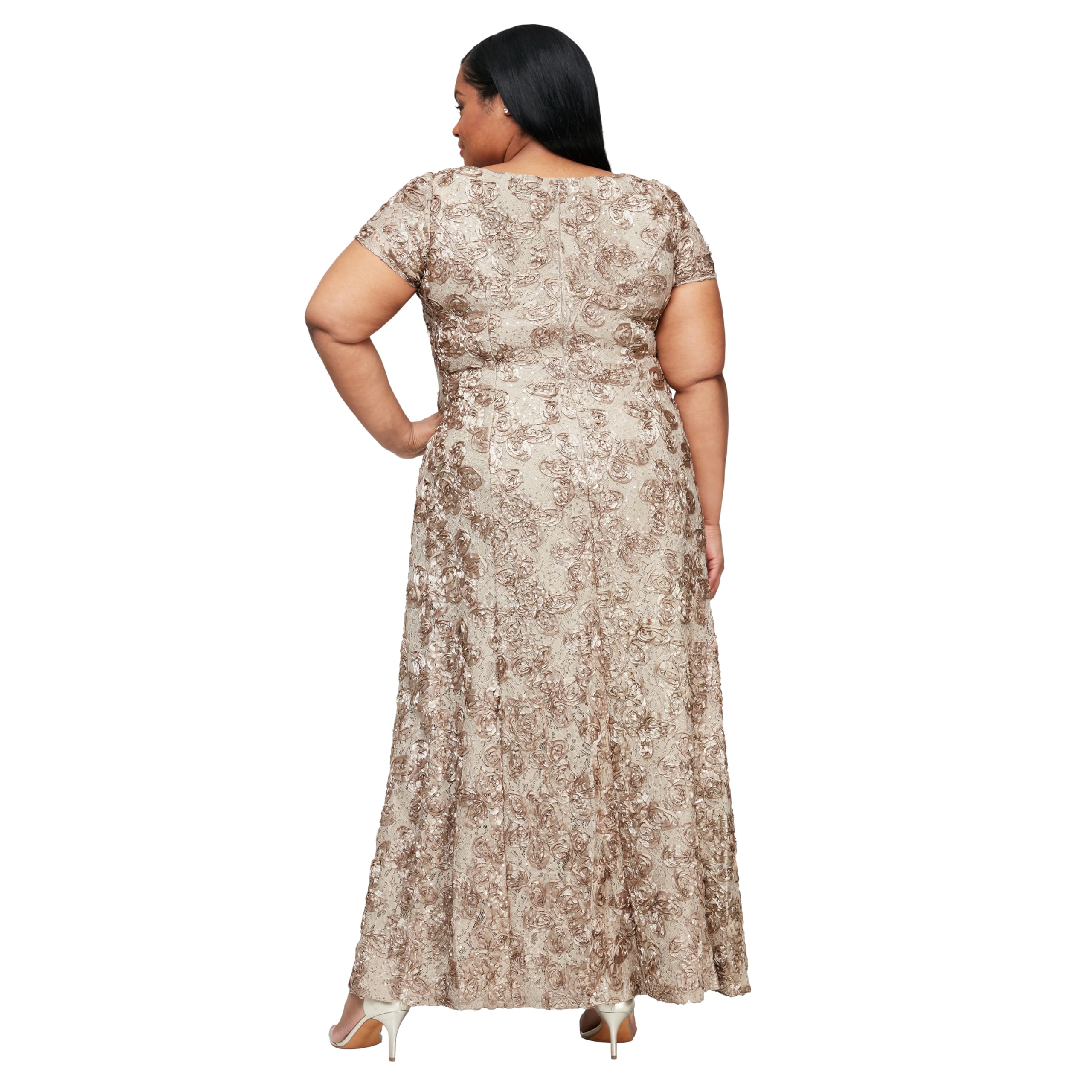 Alex Evenings Women's Plus Size Long Rosette Mother of The Bride Dress - Elegant Short Sleeve Formal Gown for Weddings, Parties & Special Occasions
