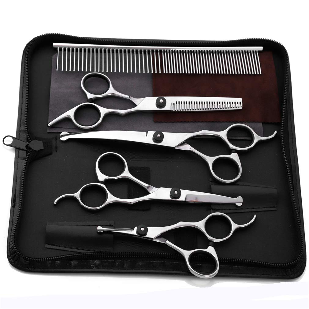 Premium Stainless Steel Pet Grooming Scissors Set - 4 Piece Professional Dog & Cat Hair Cutting Kit with Straight, Thinning, Curved Shears for Precise Trimming | Perfect for Home Grooming, Pet Salons & Professional Stylists