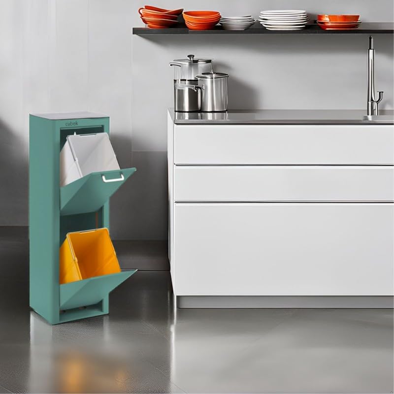 Don Hierro - Cubek | 10 Gallon Dual Compartment Trash Can with Recycling Bin | Modern Waste Bin for Home, Kitchen, Office | Space-Saving Design for Small Spaces & Eco-Friendly Waste Sorting - Turquoise