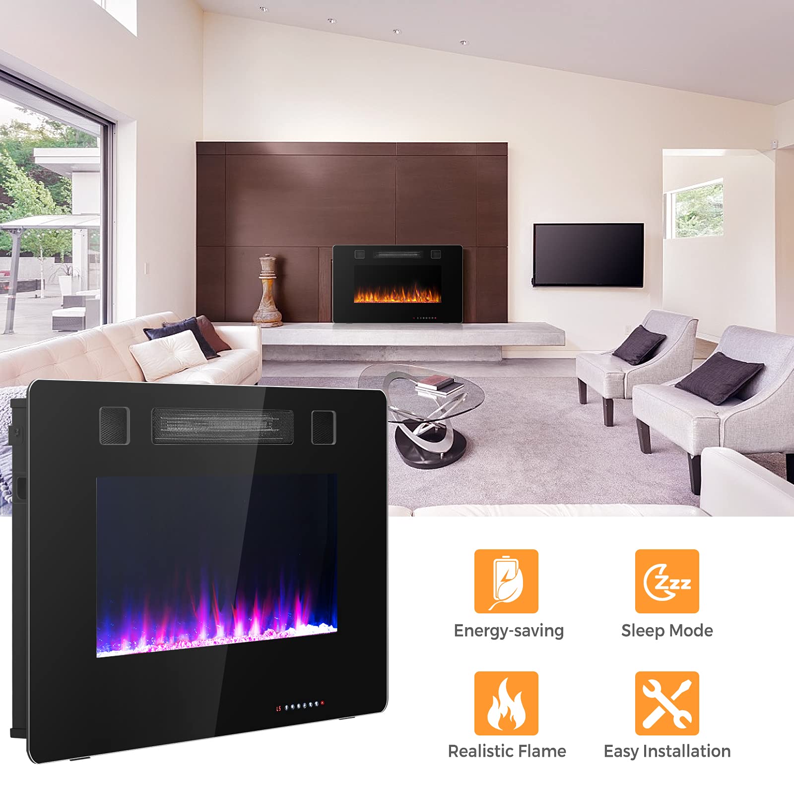 COSTWAY 30-Inch Electric Fireplace Insert with Remote - 750W/1500W Wall Recessed or Mounted Heater - 12 Flame Colors & 5 Brightness Settings - 8H Timer - Indoor Use for Living Room, Bedroom, Office