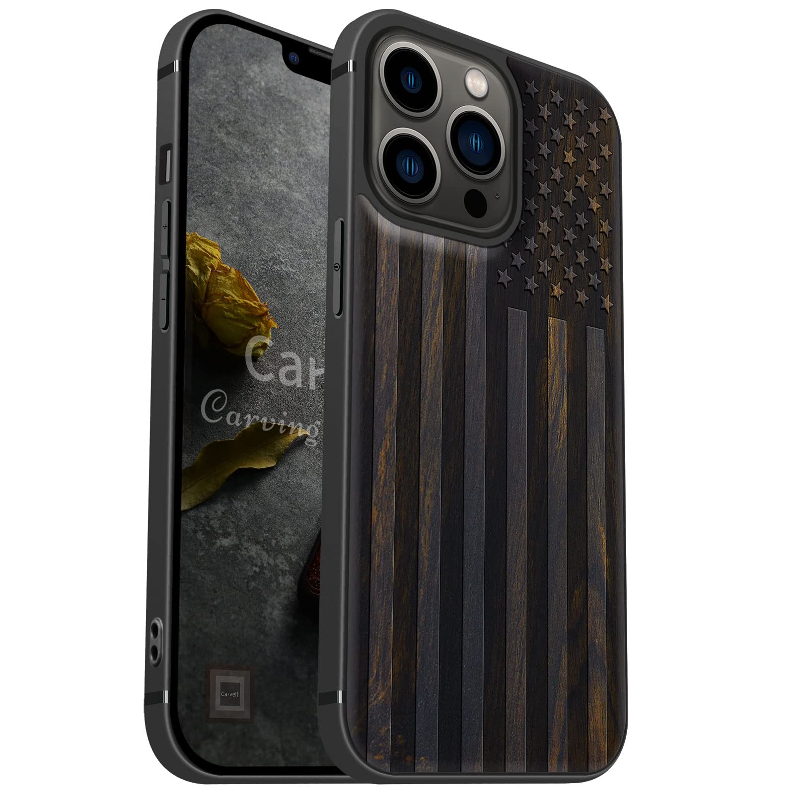 Carveit Magnetic Wood Case for iPhone 13 Pro - Hard Real Wood & Soft TPU Hybrid Protective Cover - Shockproof, Slim & Stylish - MagSafe Compatible - American Flag Blackwood Design - Perfect for Outdoor, Office & Everyday Use