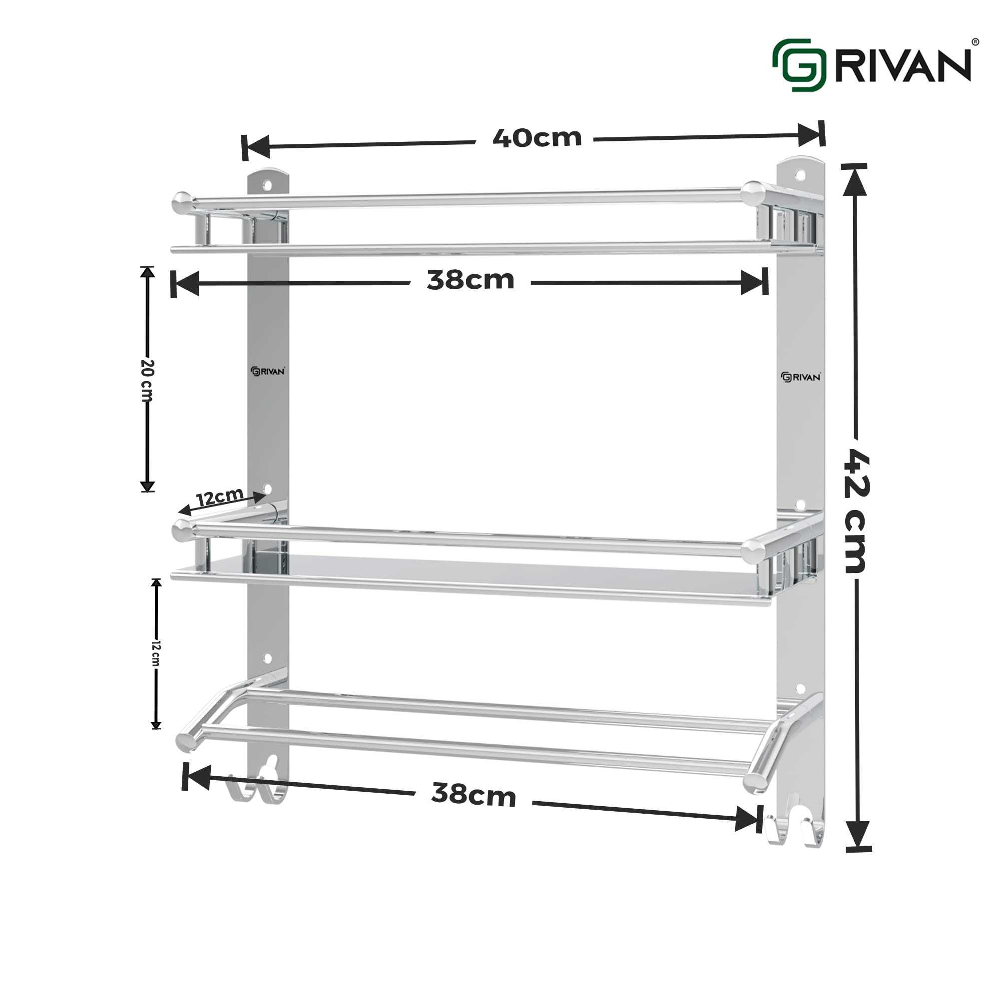 GRIVAN Stainless Steel Double Layer Bathroom Shelf with Towel Rod - Wall Mount Organizer for Bathroom Storage, Chrome Finish - Perfect for Small Spaces, Shower Caddies & Bath Accessories Organization