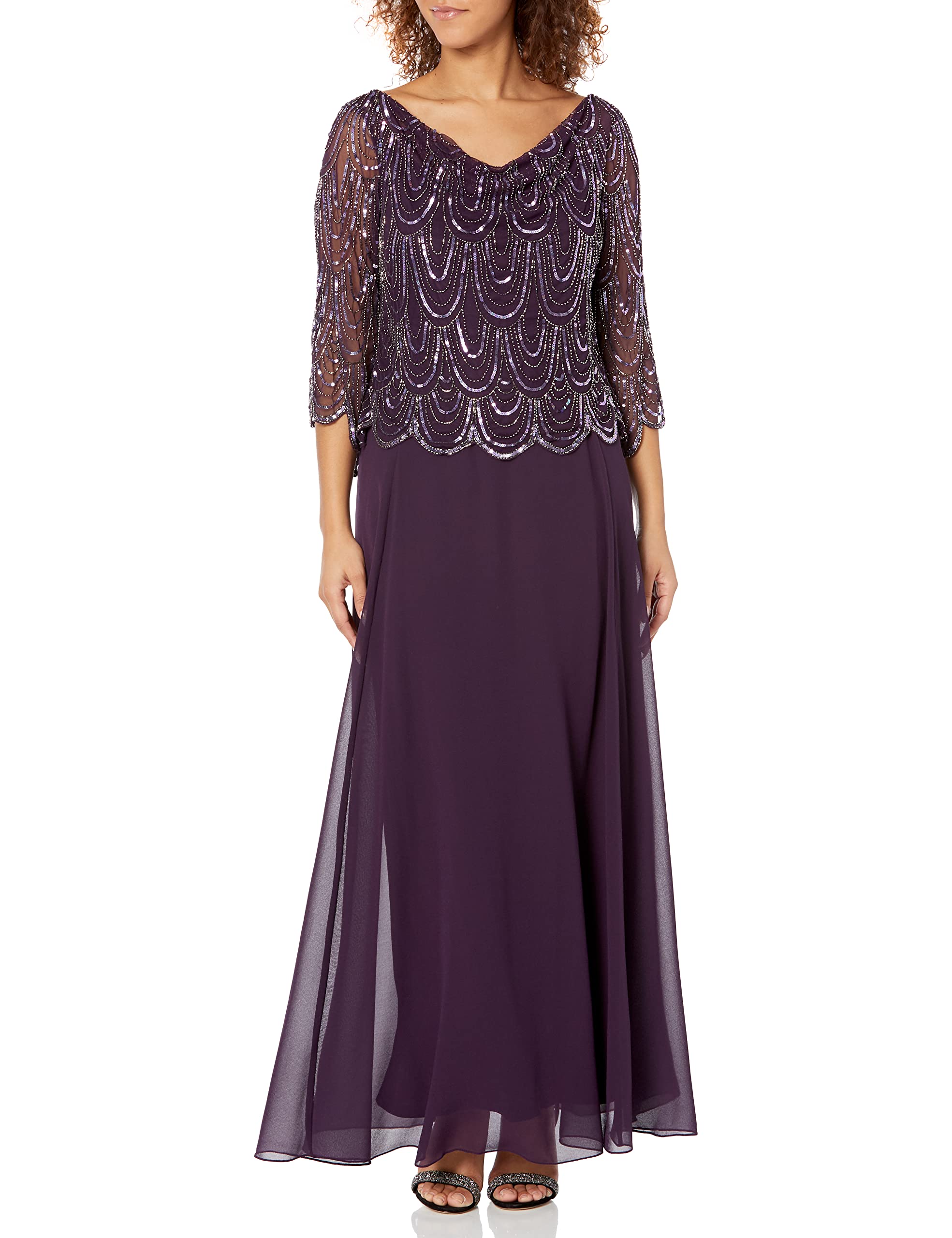 J Kara Women's Elegant 3/4 Sleeve Scallop Beaded Maxi Dress for Evening Parties, Weddings & Special Occasions