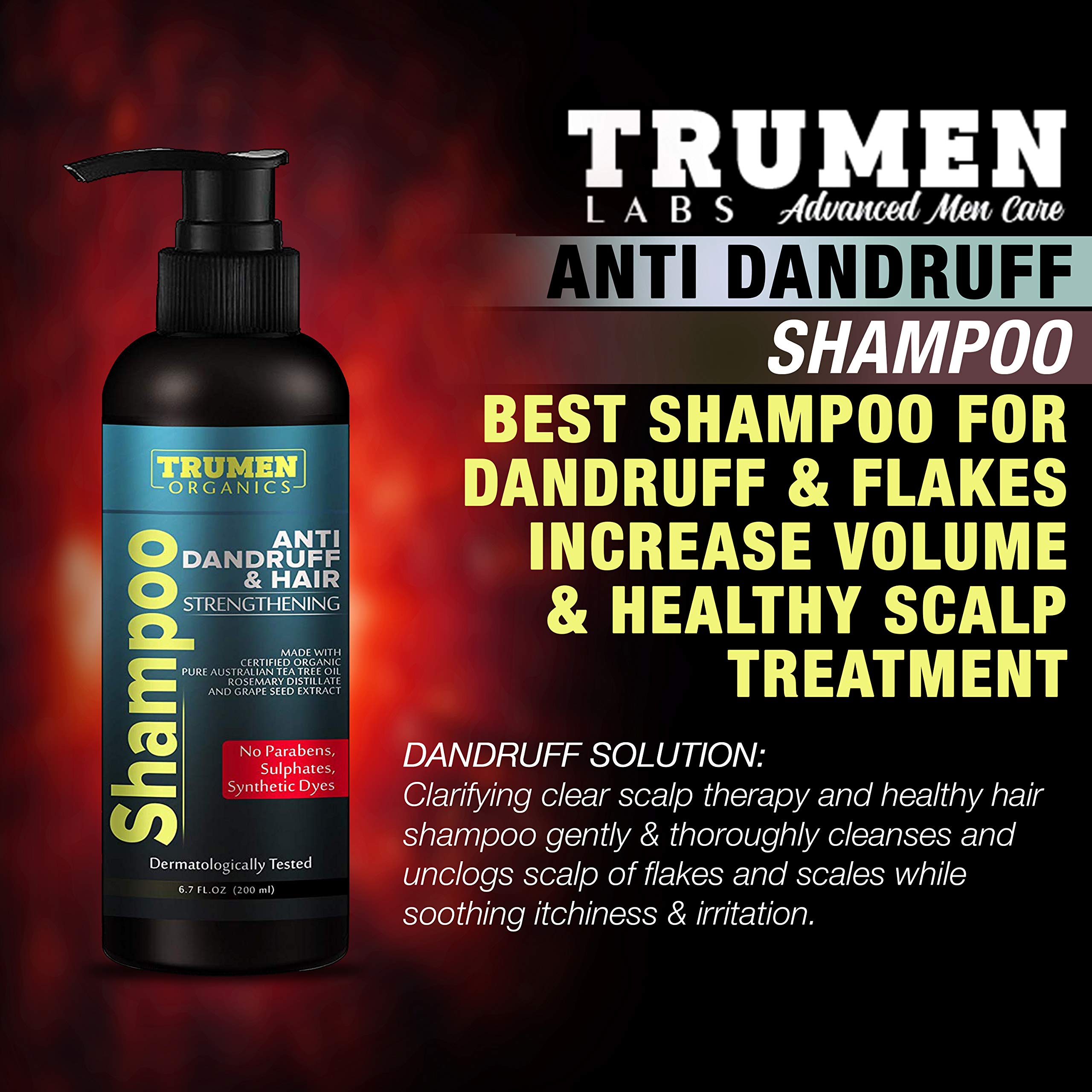 Trumen Anti Dandruff Shampoo for Men with Australian Tea Tree Oil, Rosemary & Grape Seed Extract - Soothes Dry, Itchy Scalp & Promotes Hair Growth - 100% Natural, Sulfate & Paraben Free - Ideal for Daily Hair Care & Scalp Treatment