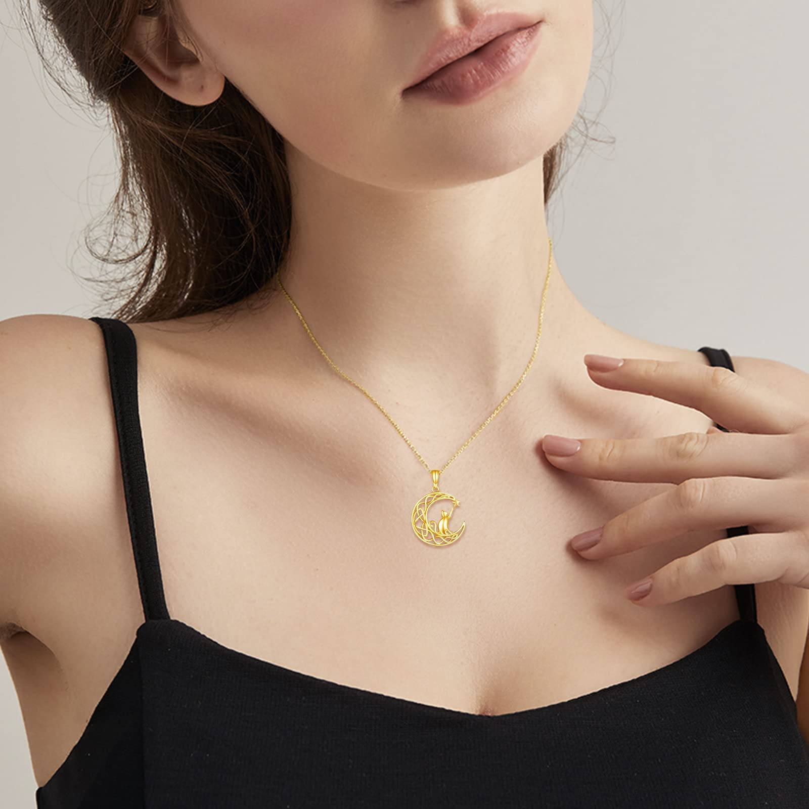 14K Solid Gold Cat Necklace for Women - Elegant Moon Pendant Jewelry, Dainty 16