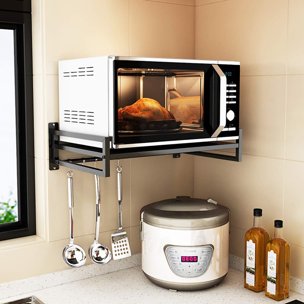 Wall Mounted Microwave Oven Shelf with 5 Hooks - Kitchen Organizer Floating Shelf for Electric Oven - Space Saving Storage Rack for Kitchen & Dining Room (Black) - Perfect for Small Kitchens & Apartment Cooking Spaces