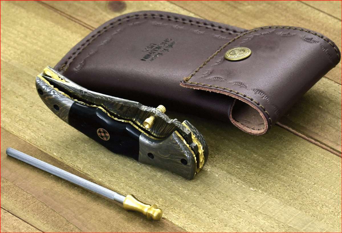 Premium Exodus Gentleman's Knife with Leather Sheath - Genuine Bull Horn Handle & Included Knife Sharpener - Perfect for Outdoor Adventures, Camping & EDC (Everyday Carry)