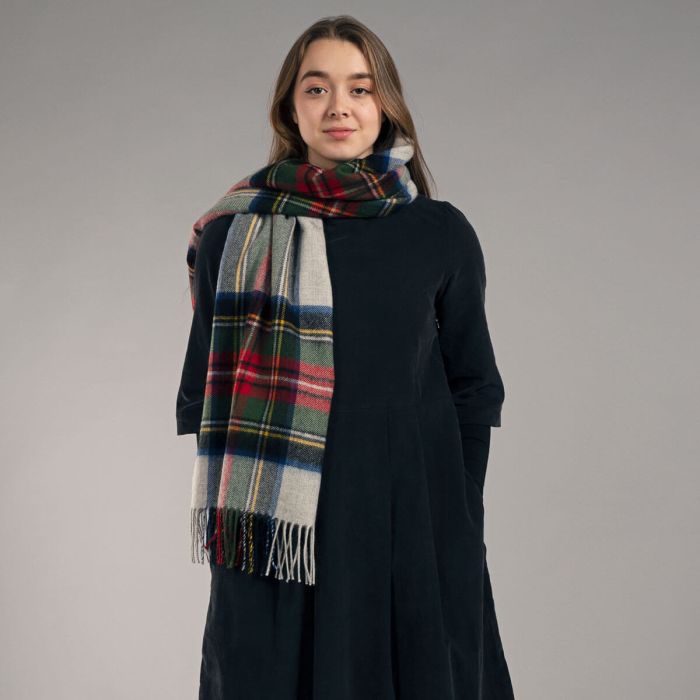 Bobbie Stewart Women's Silver Dress Tartan Lambswool Stole Shawl - Elegant Winter Wrap for Parties, Weddings & Formal Occasions