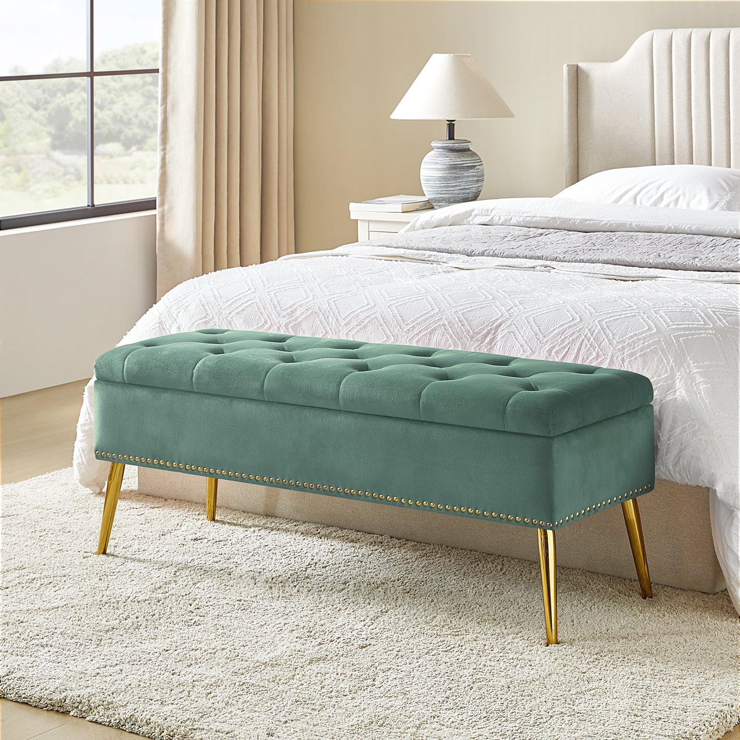 Lenore Upholstered Storage Bench with Cushion Seat - Modern Upholstered Ottoman for Bedroom, Living Room & Entryway - Multi-Functional Storage Furniture for Home Organization