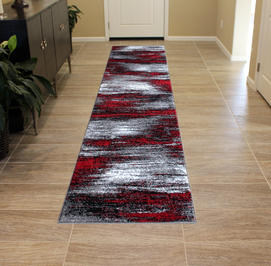 Masada Modern Contemporary Runner Area Rug - Red Grey Black (2' x 7') - Non-Slip Hallway Carpet for Living Room, Bedroom & Entryway