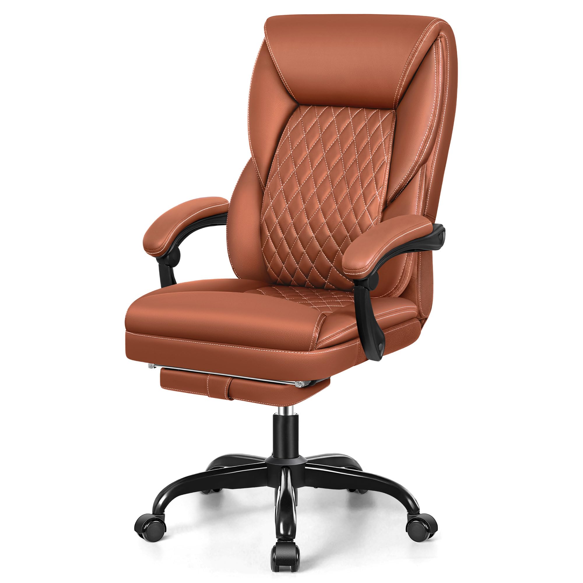 Ergonomic Big and Tall Executive Office Chair with Footrest - High Back Leather Desk Chair with Lumbar Support & Reclining Feature for Home Office (Brown) - Perfect for Long Work Hours & Comfortable Working from Home